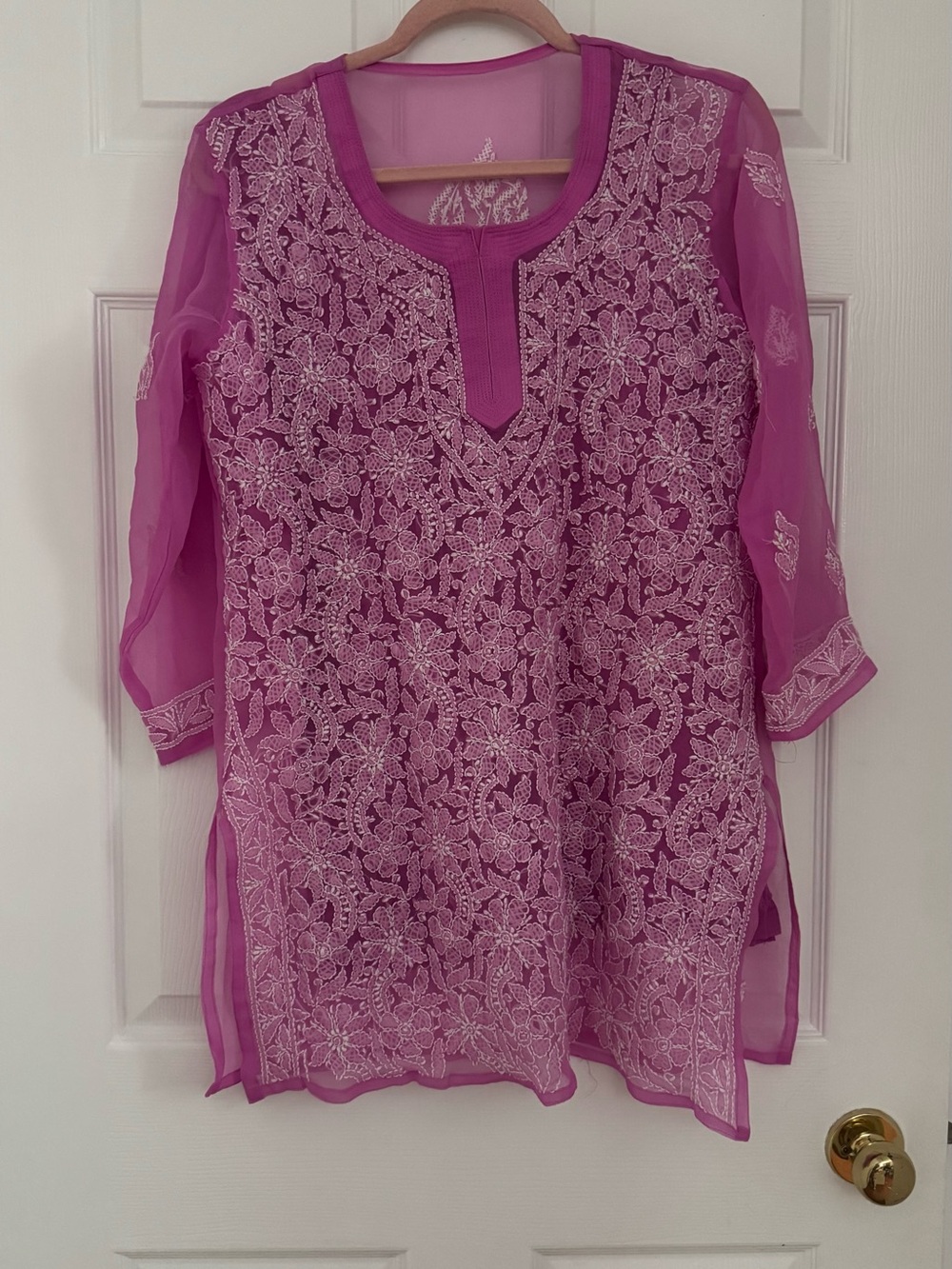 Pink Chikankari Embroidered Sheer Net Kurti Top with Inner Slip